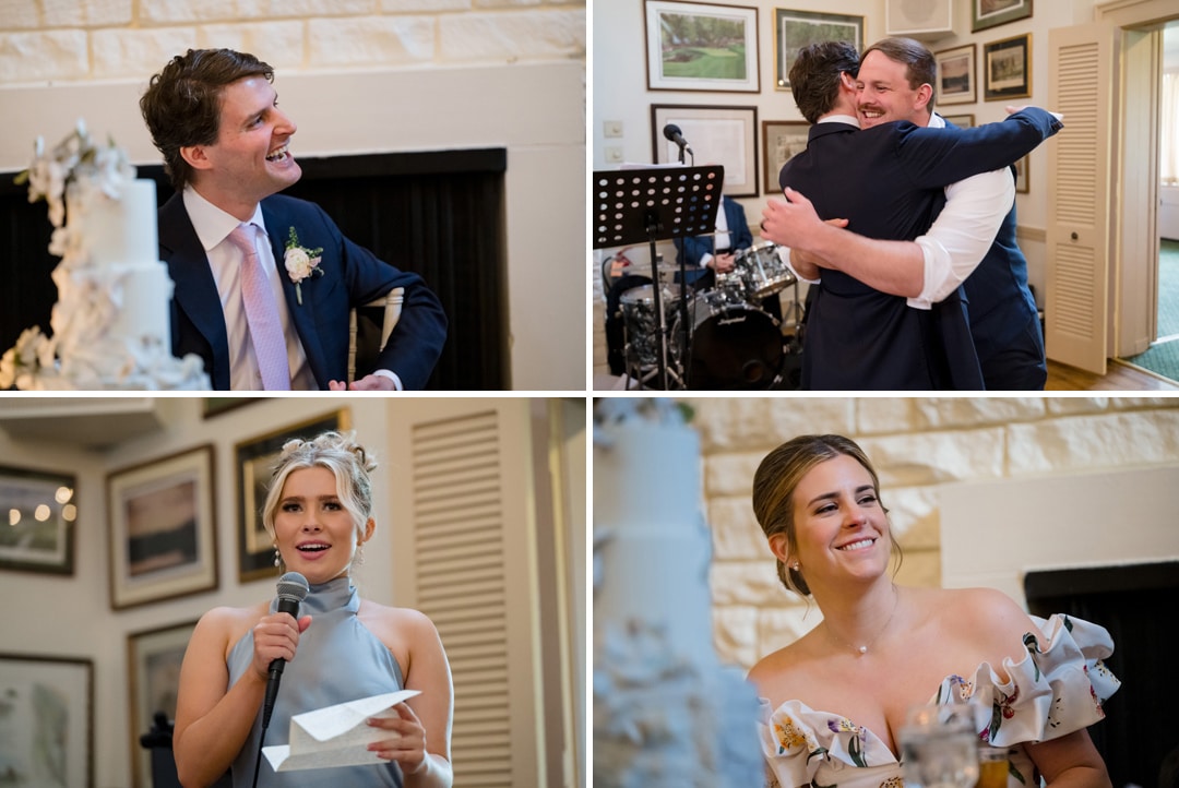 A collage of four wedding reception moments: a man in a suit smiling, two men hugging, a woman speaking into a microphone holding a note, and another woman smiling in a floral dress.
