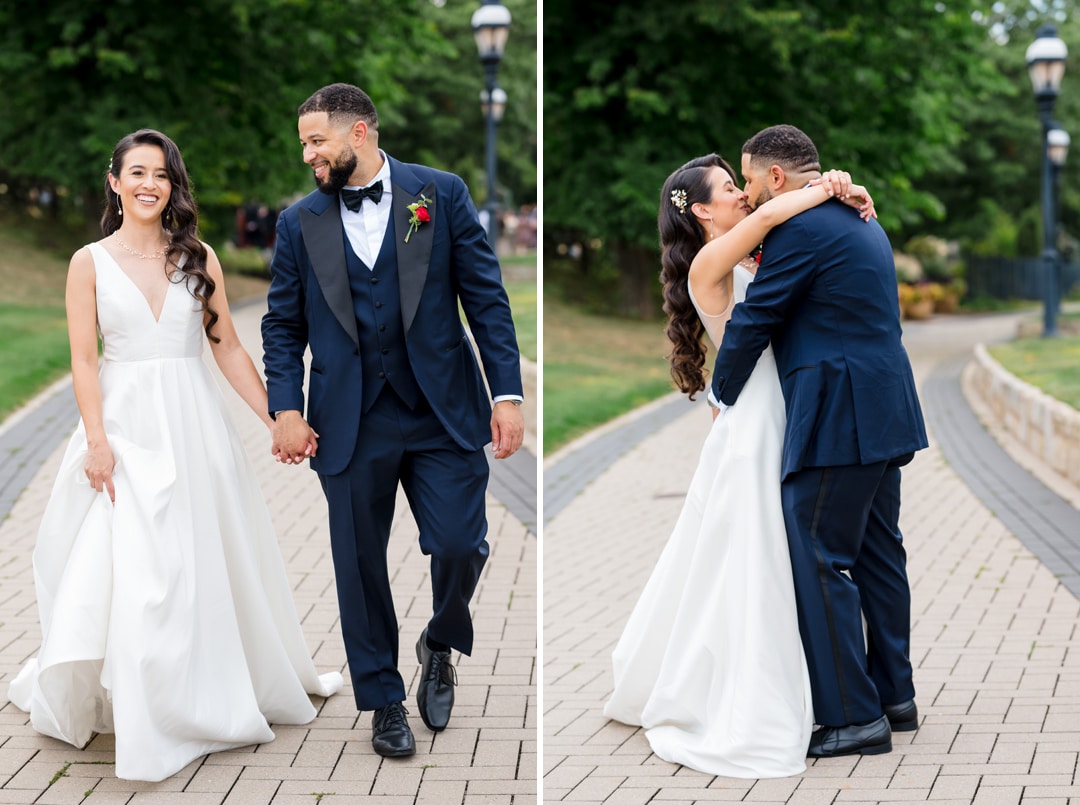 Split image of a bride and groom outdoors: on the left, they hold hands and smile while walking; on the right, they embrace joyfully on a paved path with greenery in the background.