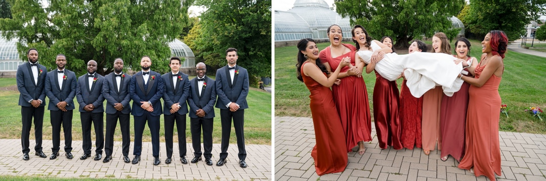 A split image: left side shows seven men in matching dark suits posing outdoors; right side shows six women in red-toned dresses playfully lifting a laughing bride in a white gown.