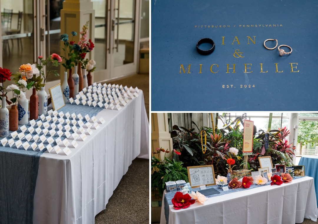 A collage shows wedding decor: a table with name cards in small vases, a blue invitation with rings on top, and a decorated welcome table with flowers, photos, and wedding signs for Ian and Michelle in Pittsburgh, Pennsylvania.