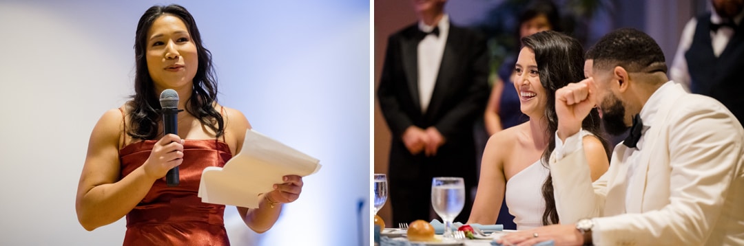 A woman in a red dress gives a speech with a microphone and notes, while a bride and groom seated at a table smile and react emotionally to her words at a formal event.