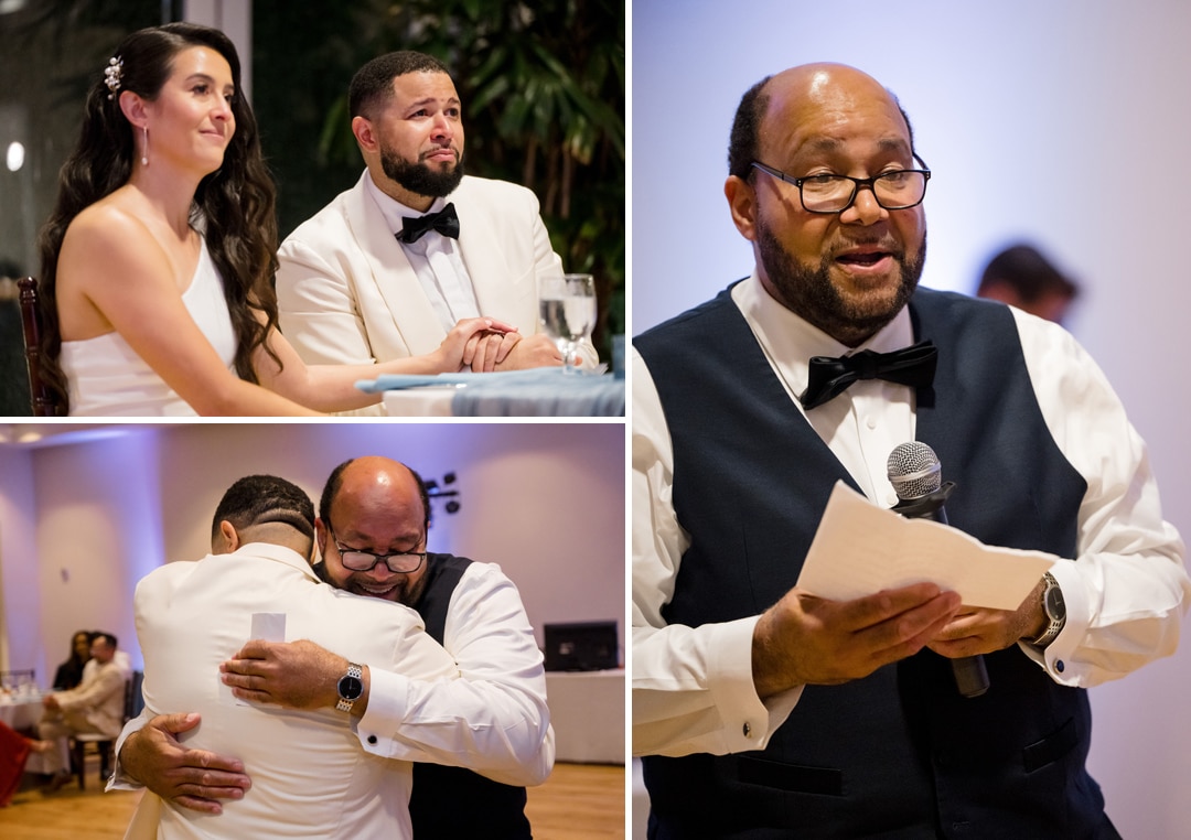 A bride and groom sit together, listening intently. The groom hugs an emotional man. The same man, wearing glasses and a bow tie, delivers a heartfelt speech holding a microphone and paper.