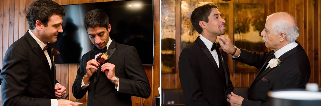 Two side-by-side photos show a groom getting ready. On the left, a man helps him with a boutonnière. On the right, an older man adjusts the grooms bowtie. All are dressed in formal black suits.