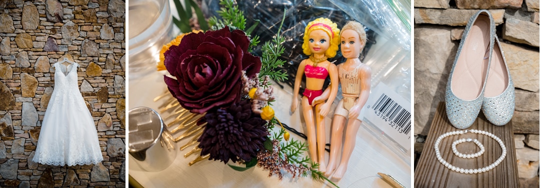 A triptych image: a white wedding dress hangs on a stone wall, two dolls and flowers rest on a table, and a pair of sparkly flat shoes with a pearl necklace are arranged on stone.