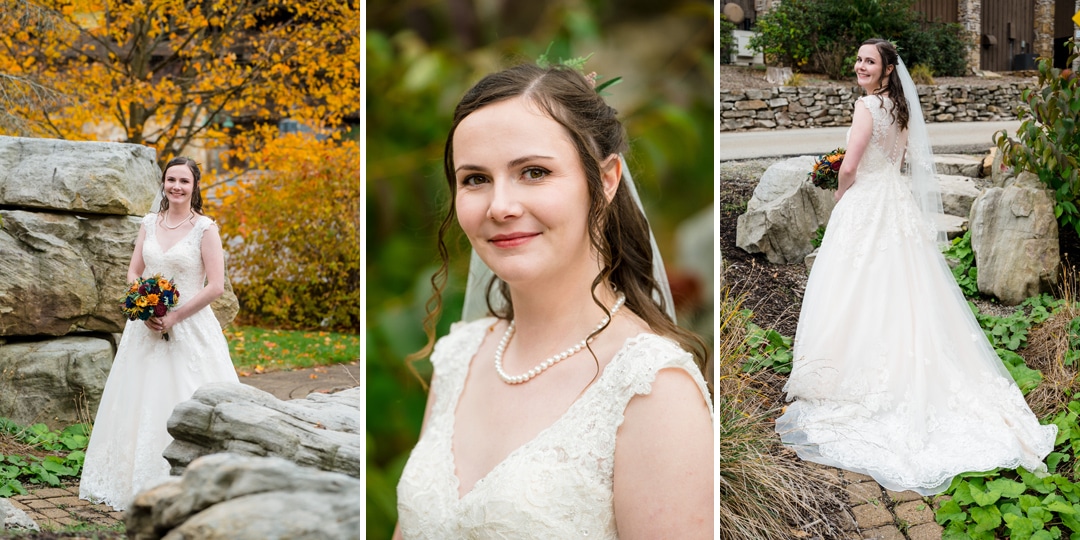 A bride in a white lace gown poses outdoors among rocks and autumn foliage, holding a bouquet of flowers. She smiles in close-up and full-length shots, showing the front and back of her dress.