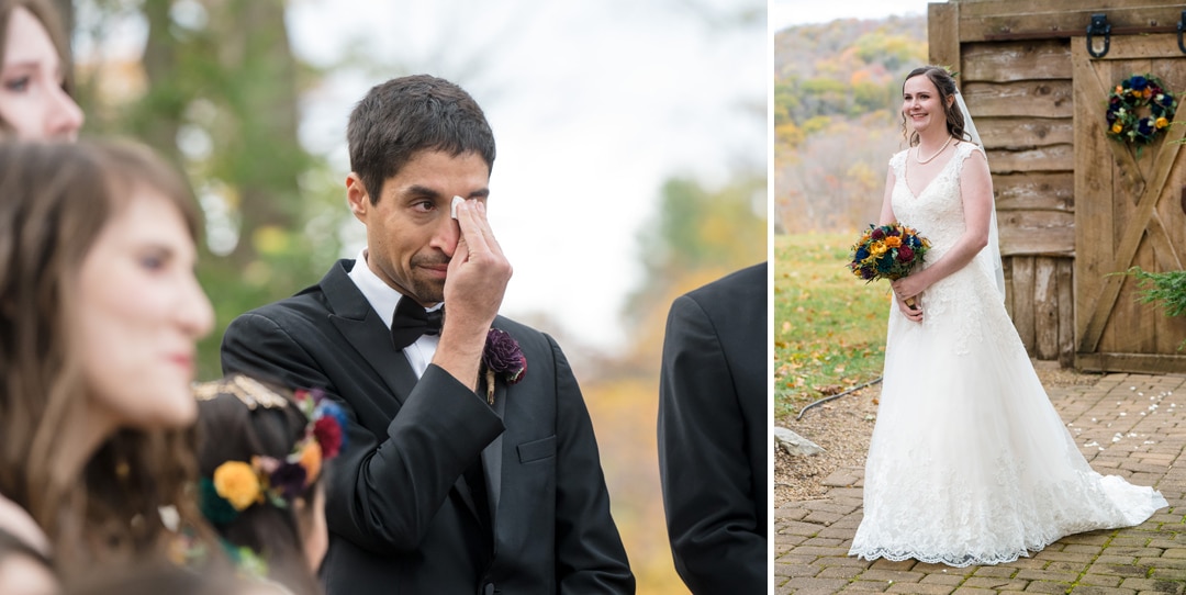 Split image: On the left, a man in a suit wipes a tear during an outdoor wedding ceremony. On the right, a bride in a white gown holds a bouquet and smiles, standing by a wooden door decorated with flowers.