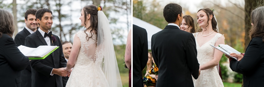 Two side-by-side photos of a bride and groom holding hands and smiling at each other during an outdoor wedding ceremony, with officiants and guests present in the background.