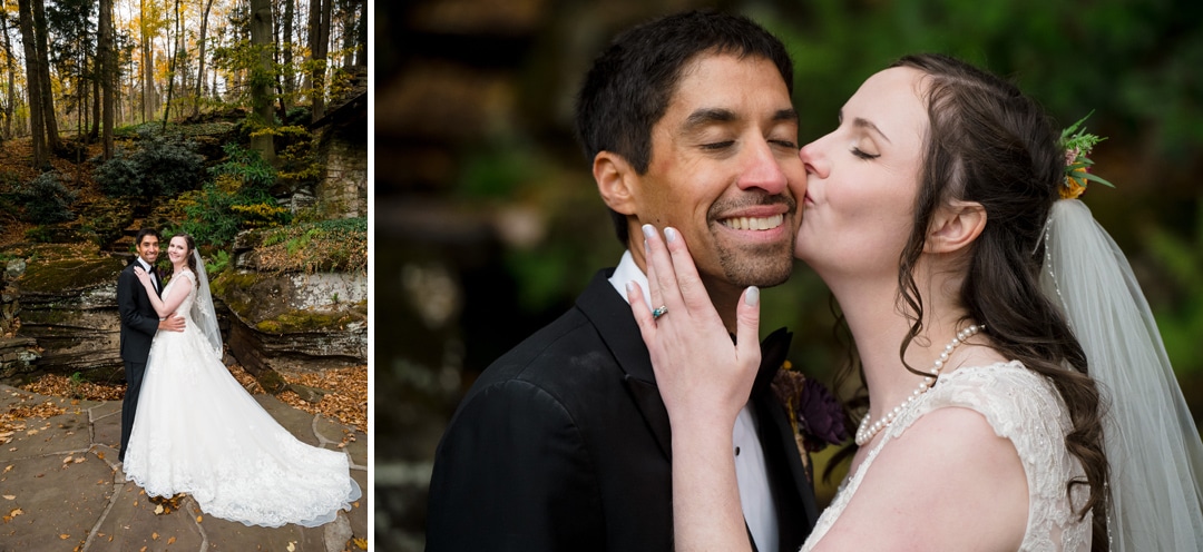 A bride and groom pose outdoors among autumn trees; in a close-up, the bride kisses the groom’s cheek while he smiles with his eyes closed, both looking joyful and dressed in wedding attire.