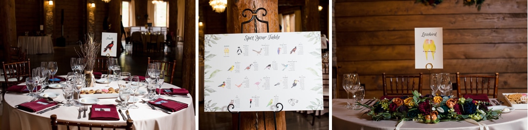 Three wedding table setups: a round table with burgundy napkins and a bird sign, a close-up of a seating chart with bird illustrations, and a head table with a “Lovebirds” sign and floral arrangement.