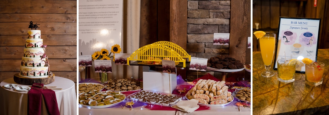 A three-panel photo showing: a decorated wedding cake on a table, a dessert table with various sweets and a yellow bridge model, and a bar menu with assorted cocktails on a counter.