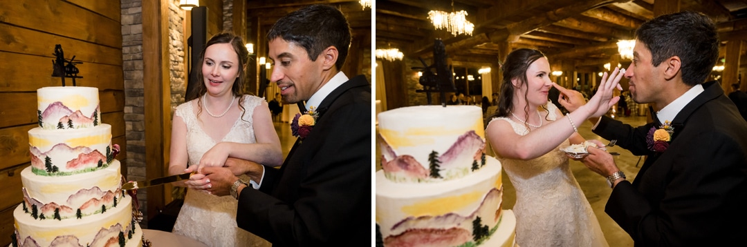 Two photos show a bride and groom at their wedding: on the left, they cut a three-tiered cake with mountain designs; on the right, the bride touches cake to the groom’s nose as they smile at each other.
