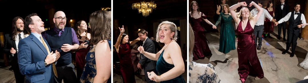 Three side-by-side photos show groups of people dancing and celebrating at a formal event, dressed in suits and elegant dresses, smiling and enjoying themselves under warm, festive lighting.