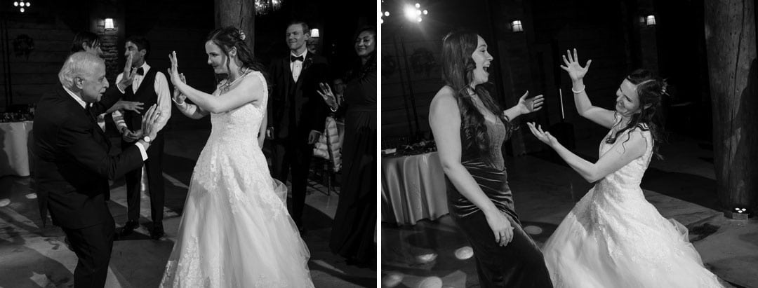 Two black-and-white photos show a bride in a white gown dancing joyfully. In the first, she dances with an older man in a suit; in the second, she dances with a woman in a dark dress, both raising their hands and smiling.