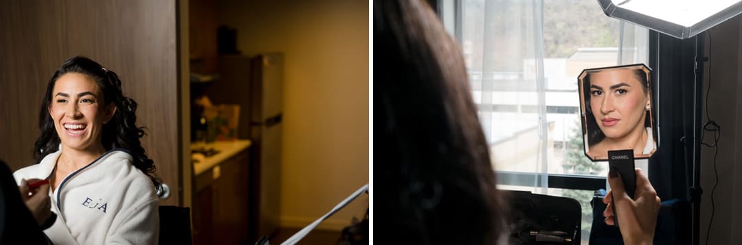 On the left, a woman in a white robe smiles while getting her hair and makeup done. On the right, she holds a Chanel mirror, reflecting her face as she applies makeup near a window with natural light.
