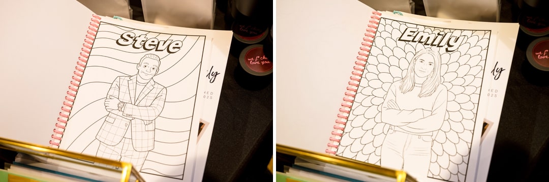 Two coloring book pages shown side by side: the left page features a man labeled Steve with a wavy striped background, and the right page features a woman labeled Emily with a pattern of large petals behind her.