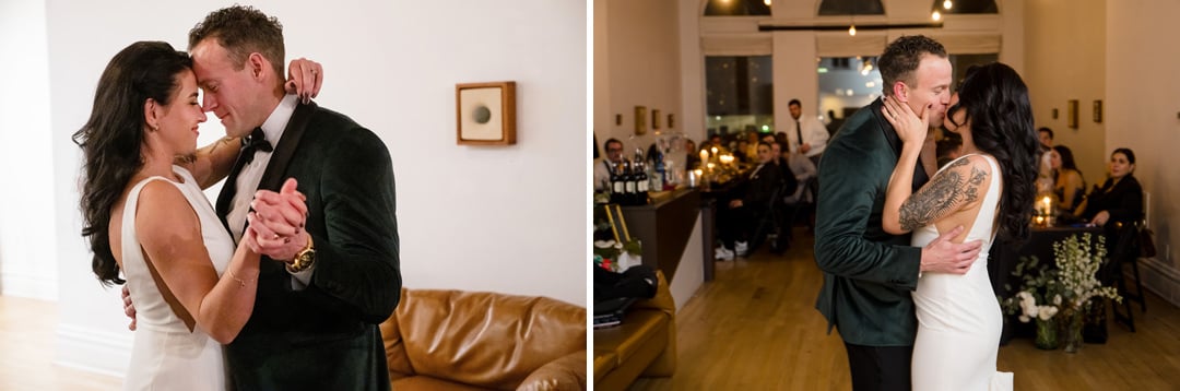 Two images side by side show a bride and groom dancing closely at their wedding. The bride wears a white dress, and the groom wears a dark suit. Guests watch from tables in the warmly lit reception space.
