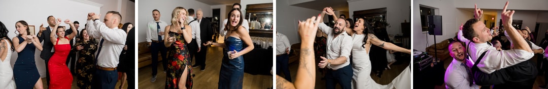 A collage of four photos shows a group of people dressed formally, dancing, singing, and celebrating together at an indoor party or wedding reception. Everyone appears joyful and energetic.