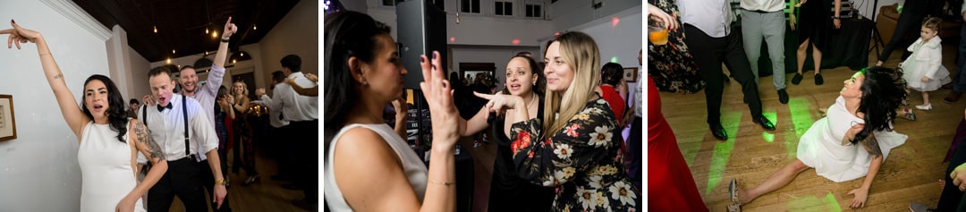 Three photos show a joyful wedding dance floor: a woman in white leads a group dancing; two women gesture playfully; the woman in white slides on the floor as people and flower girls watch.