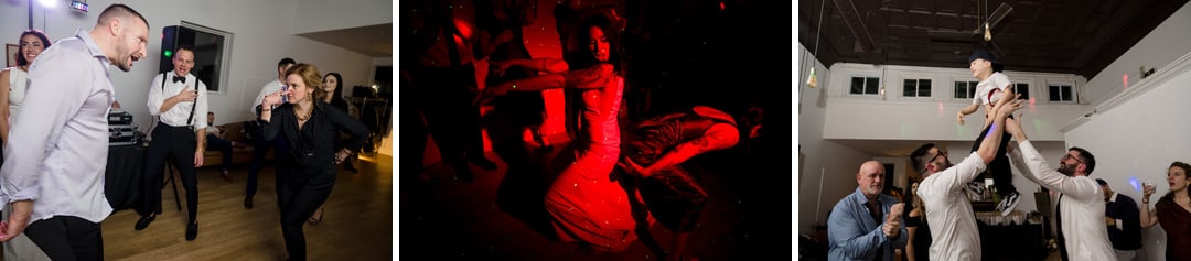 Three photos: people dancing at a party, a group dancing under red lights, and adults lifting a child in the air in a bright room, all capturing joyful celebration moments.