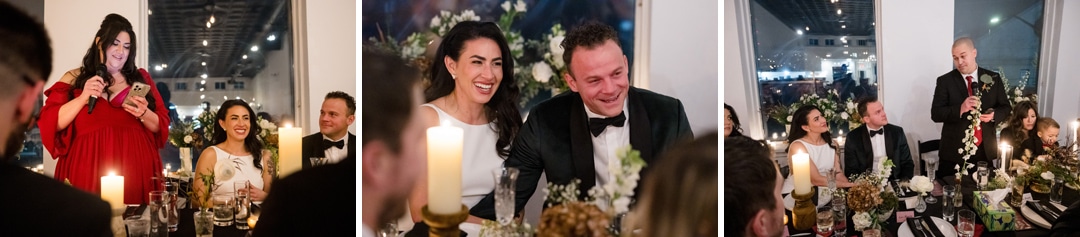 A series of three Bar Marco Wedding photos shows guests giving speeches as the bride in white and groom in a tuxedo sit at a decorated table, smiling and laughing with friends and family in a warmly lit reception hall.
