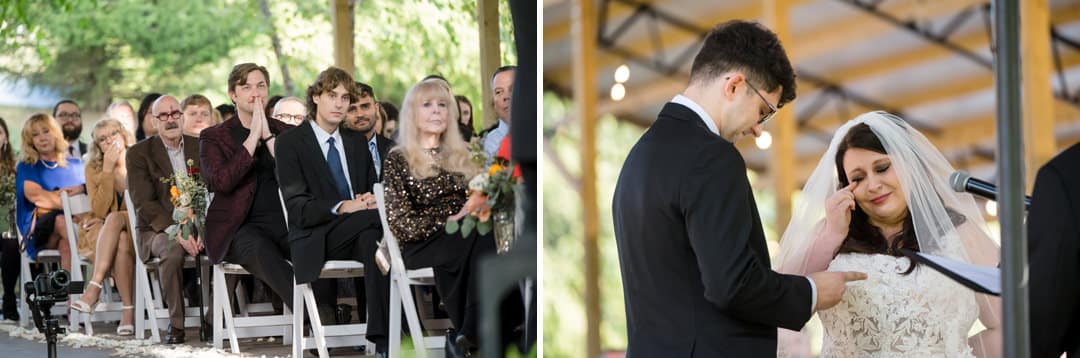 A split image shows wedding guests seated and wiping away tears on the left, while on the right, a bride in a veil wipes her eyes as she stands with the groom during the wedding ceremony.