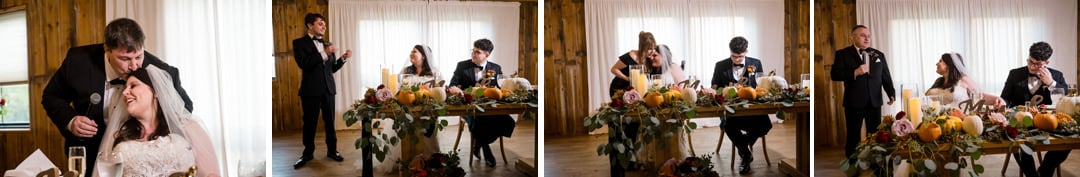 Four side-by-side photos show a bride and groom at a rustic wedding reception table with autumn decorations, sharing a kiss, laughing, and listening to speeches from guests.
